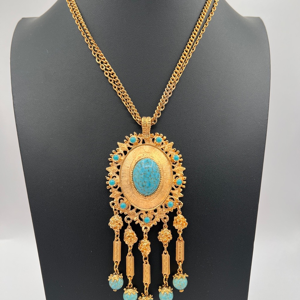 70’s Large Etruscan Style Turquoise Glass Cabochon & Dangles Necklace Vintage
